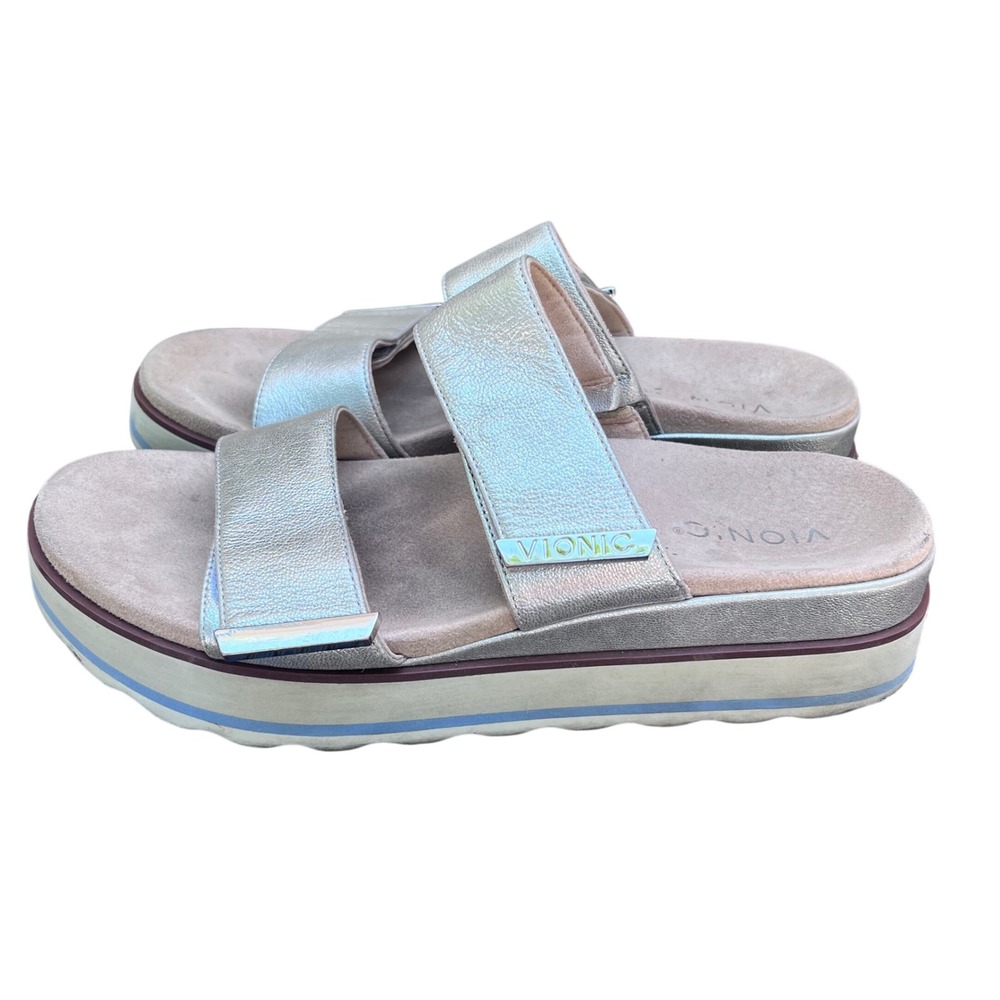 Vionic Brandie Silver Metallic Platform Slide Sandals Womens 10 Orthotic Comfort
